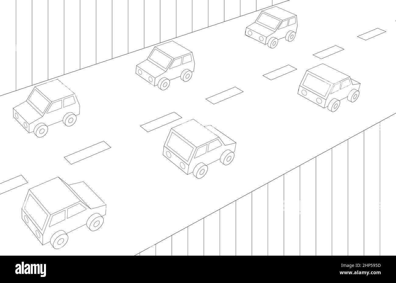 Autoverkehr auf der Straße, Schwarz-Weiß-Ansicht der Straßenansicht der Stadt Stockfoto