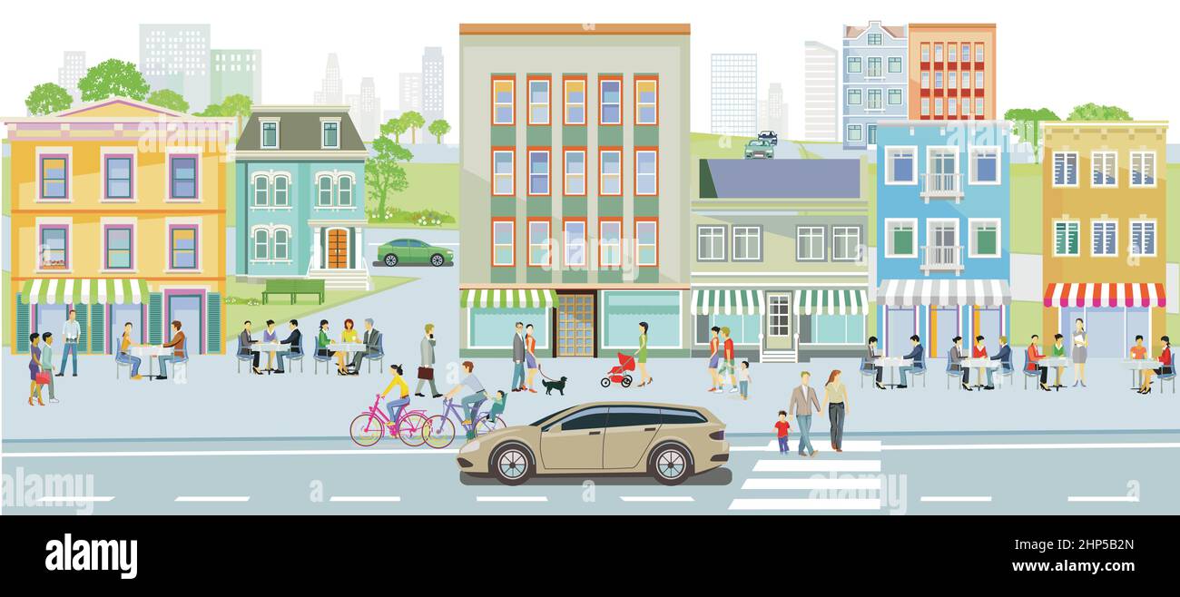 Stadtleben und Freizeit mit Restaurants und Einkaufsstraßen, Illustration Stock Vektor