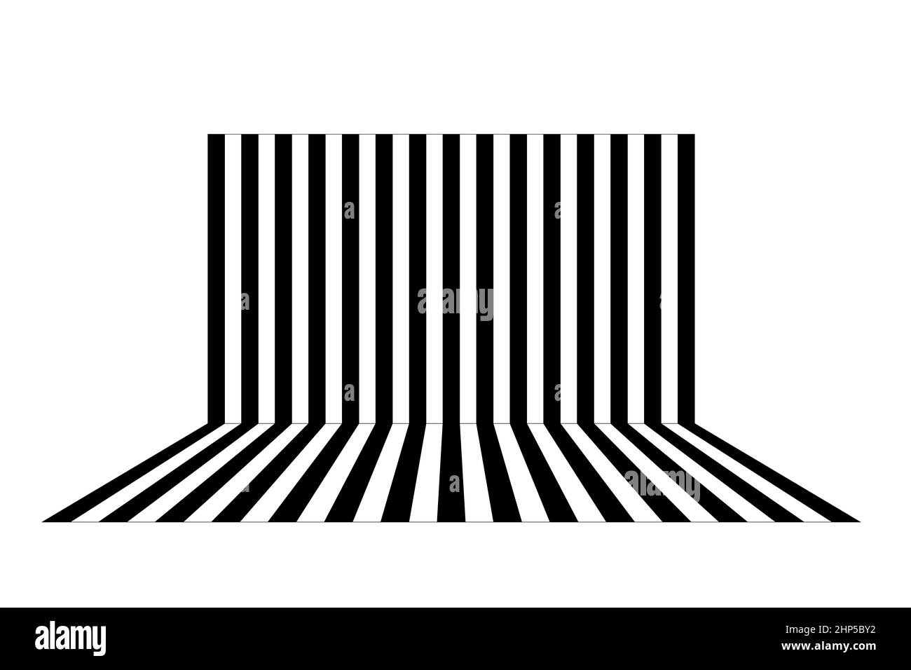 Schwarz-weiße Streifen im Hintergrund oder Hintergrund, perspektivische Ansicht mit Wand und Boden isoliert auf weißem Hintergrund Stockfoto
