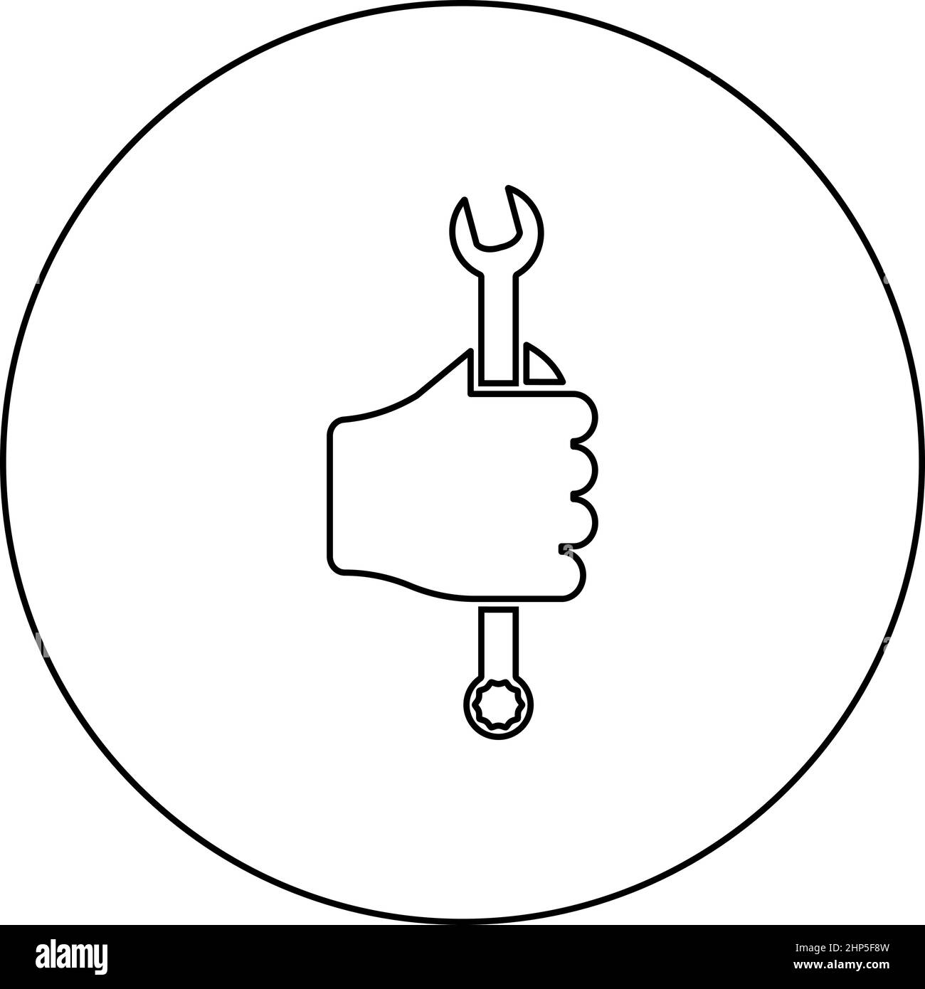 Schraubenschlüssel Sechskant in der Hand Werkzeug in Gebrauch Armschlüssel Mechaniker Ingenieur Instrument Symbol im Kreis rund schwarz Farbe Vektor-Illustration Solid Umriss Stil Bild Stock Vektor