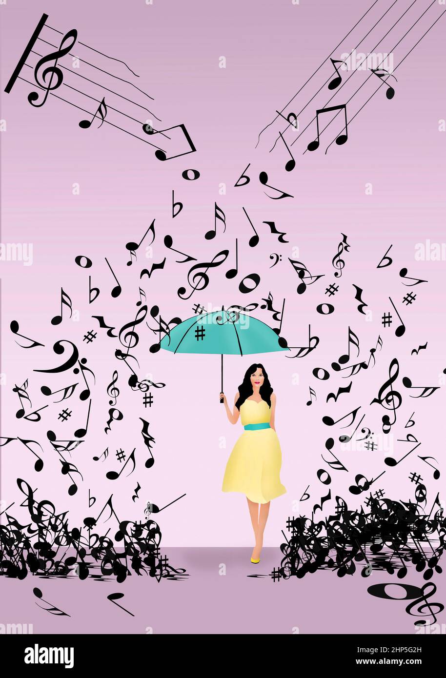 Musik, Musik und mehr Musik regnen auf eine junge Frau herab, die sich mit einem Regenschirm in einer 3-d-Illustration beschützt. Stockfoto