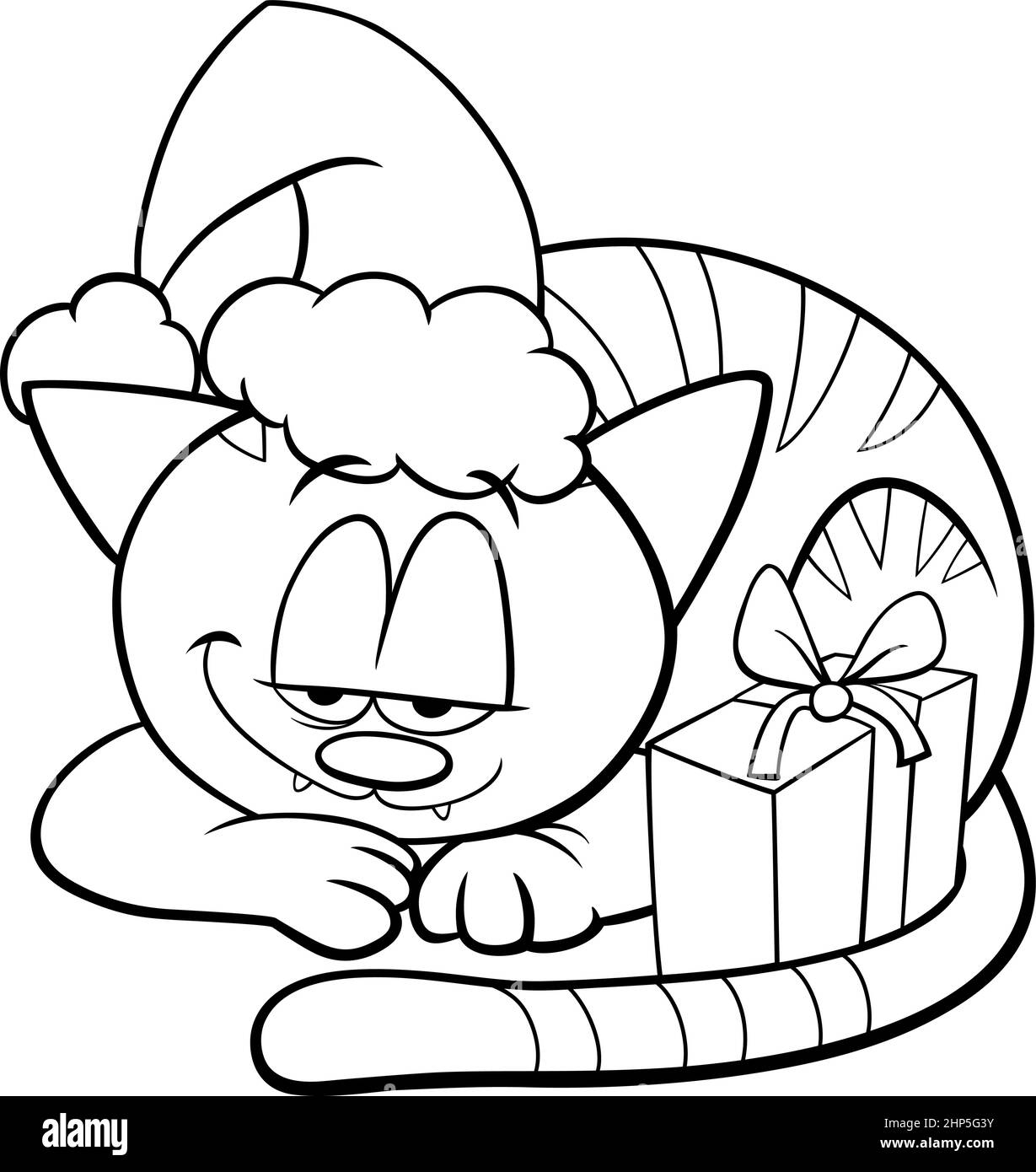 Cartoon Katze mit Weihnachtsgeschenk Malbuch Seite Stock Vektor