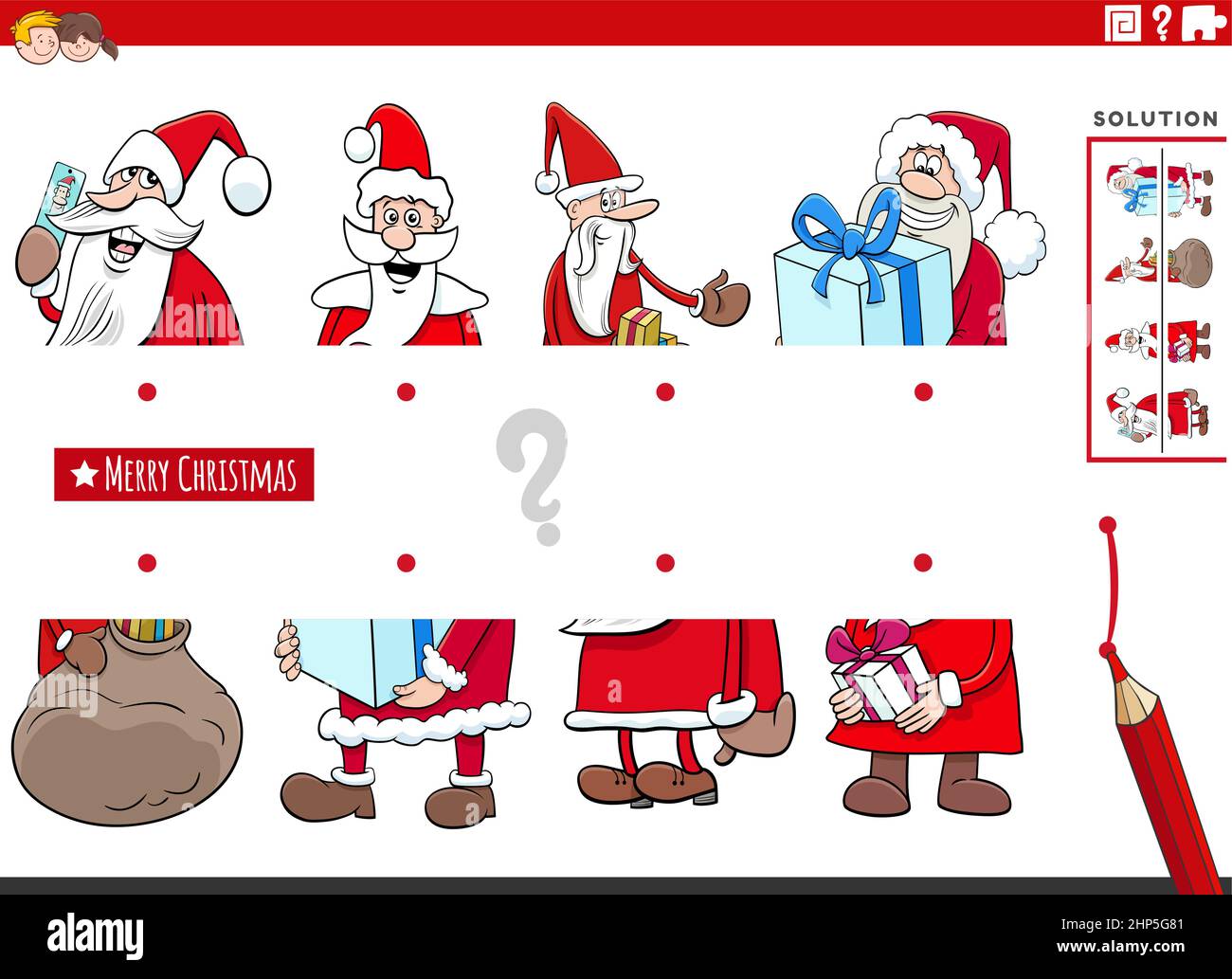 Spiel Hälften von Bildern mit Santa Claus Zeichen Stock Vektor