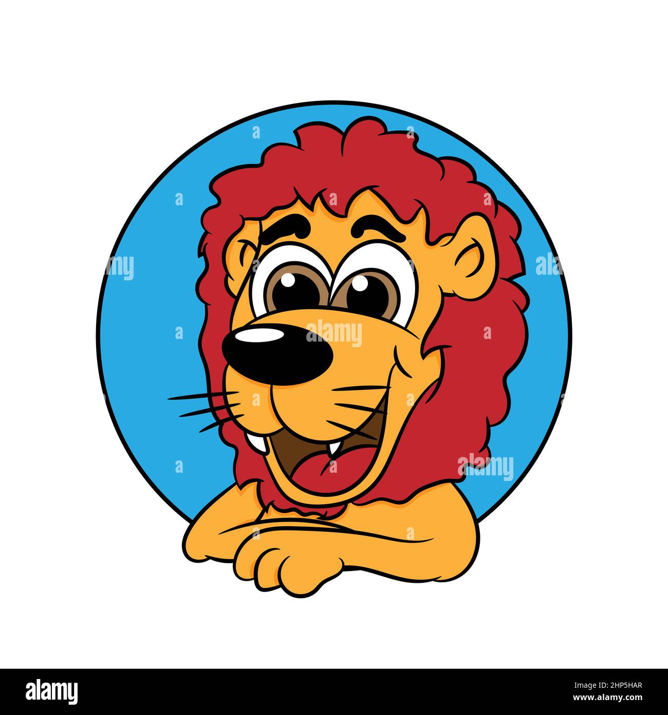 Niedlicher Löwe lehnt sich aus einer kreisförmigen Öffnung und lächelt, ideal als Maskottchen Stock Vektor