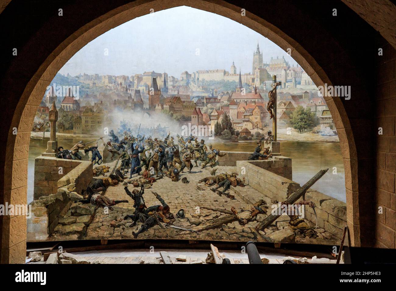 Das Diorama-Gemälde von Adolf und Karel Liebscher von der Schlacht der Karlsbrücke gegen die Schweden während des Dreißigjährigen Krieges, Petrin-Berg, Prag Stockfoto