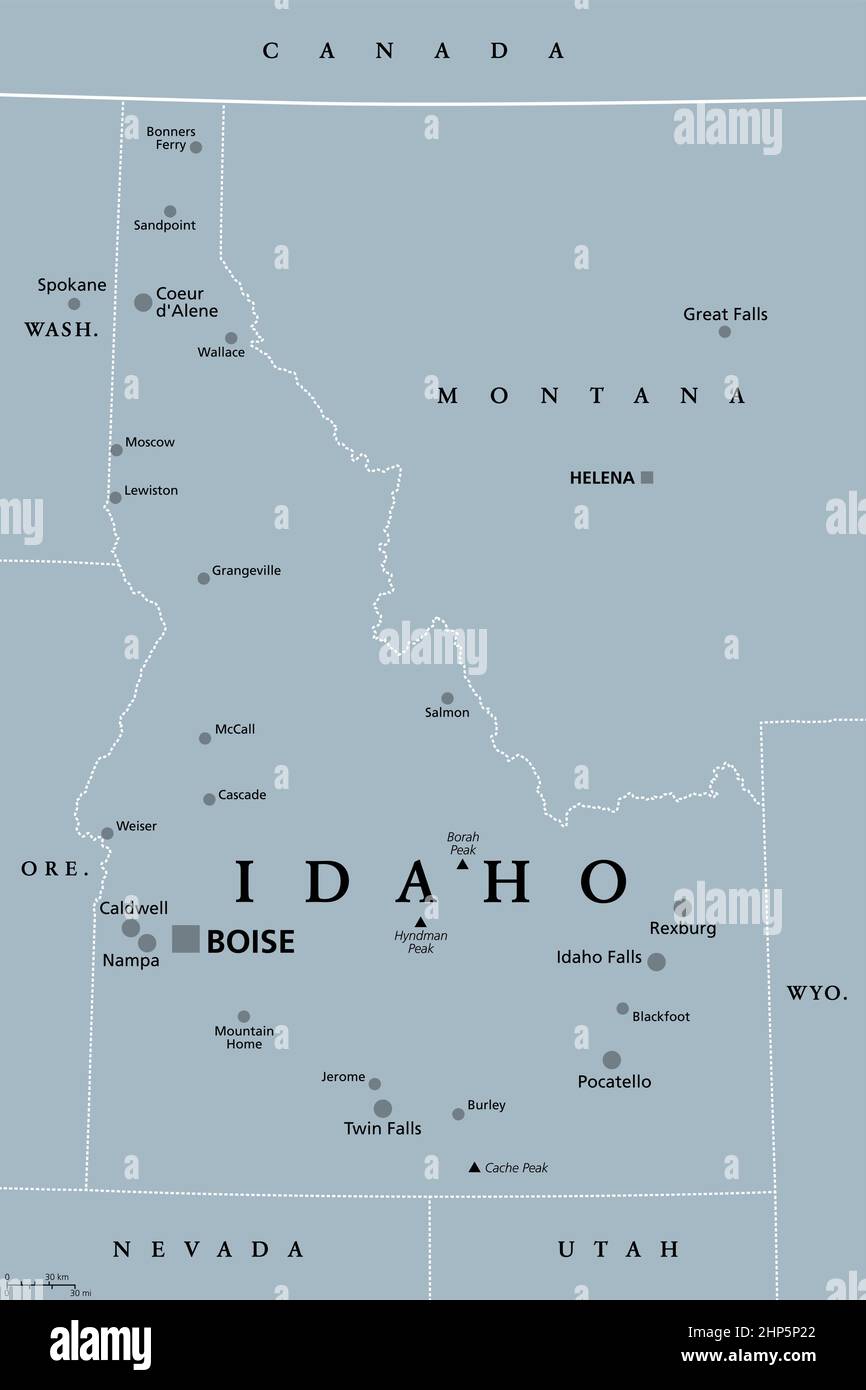 Idaho, ID, graue politische Karte, US-Bundesstaat, Gem State Stock Vektor