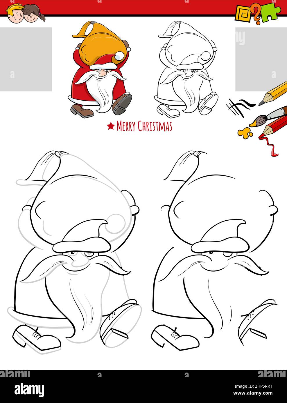 Zeichnung und Färbung Aufgabe mit Weihnachtsmann und Sack von Geschenken Stock Vektor
