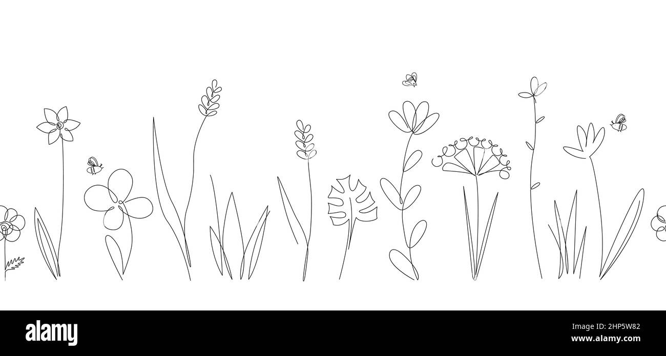 Vektor Natur nahtlose Grenze mit wilden Kräutern und Blumen auf weiß. Hintergrund der fortlaufenden Linienzeichnung. Doodle handgezeichnete florale Illustration Stock Vektor
