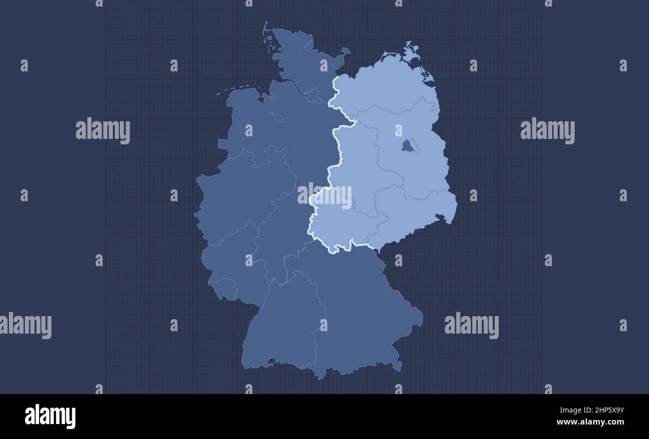 Deutschland-Karte aufgeteilt auf West- und Ostdeutschland mit Regionen