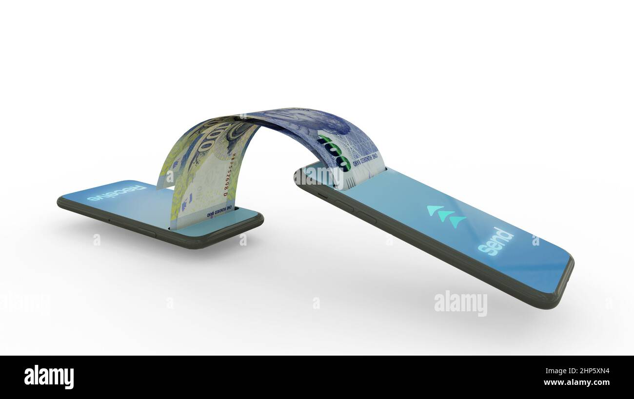 3D Wiedergabe südafrikanischer Rand-Notizen, die von einem Telefon zum anderen übertragen werden. Mobile Money Transaction Concept Stockfoto