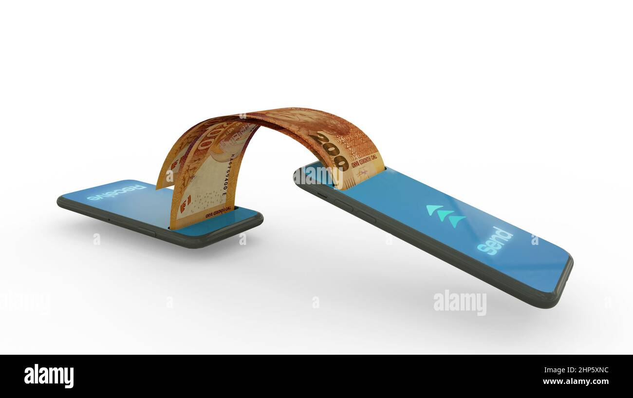 3D Wiedergabe südafrikanischer Rand-Notizen, die von einem Telefon zum anderen übertragen werden. Mobile Money Transaction Concept Stockfoto