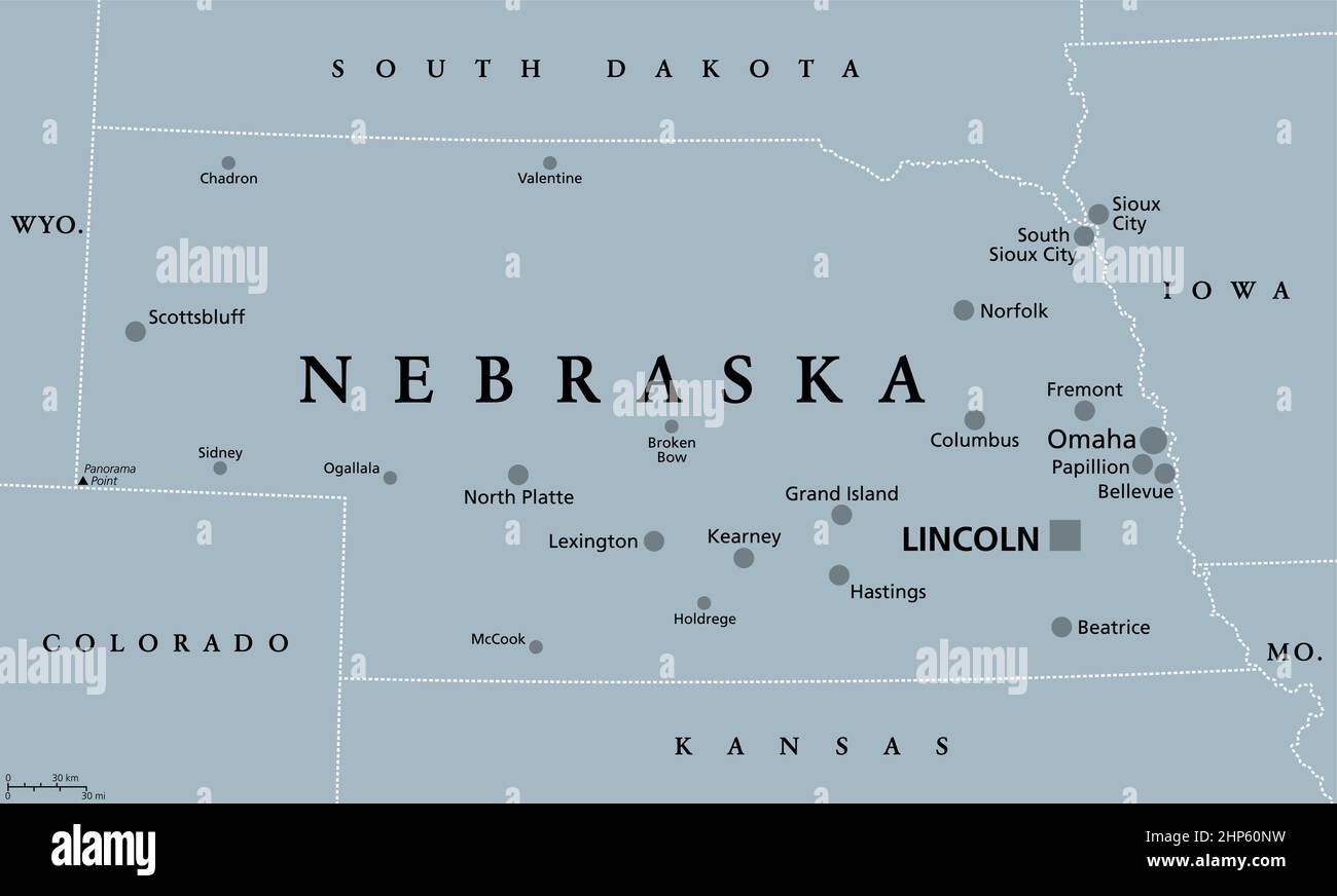 Nebraska, NE, graue politische Landkarte, US-Bundesstaat, Cornhusker State Stock Vektor