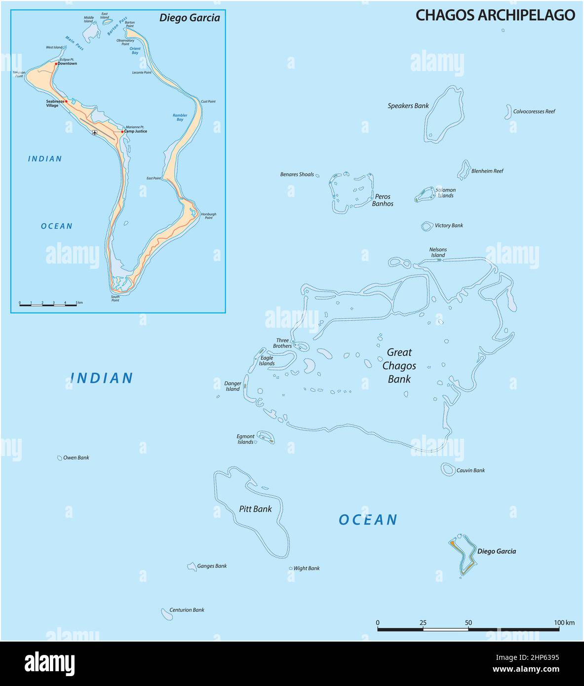 vektorkarte des Chagos-Archipels, Britisches Territorium im Indischen Ozean, Großbritannien Stock Vektor