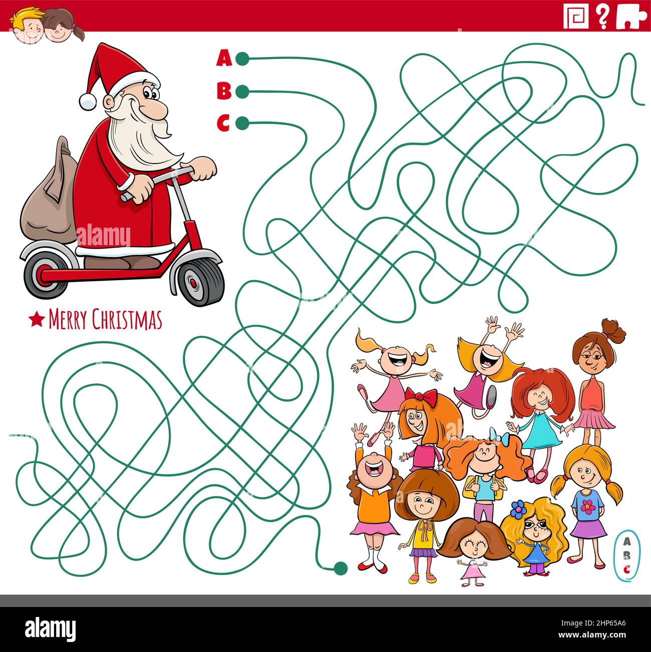 Labyrinth-Spiel mit Cartoon Weihnachtsmann und Kinder-Gruppe Stock Vektor