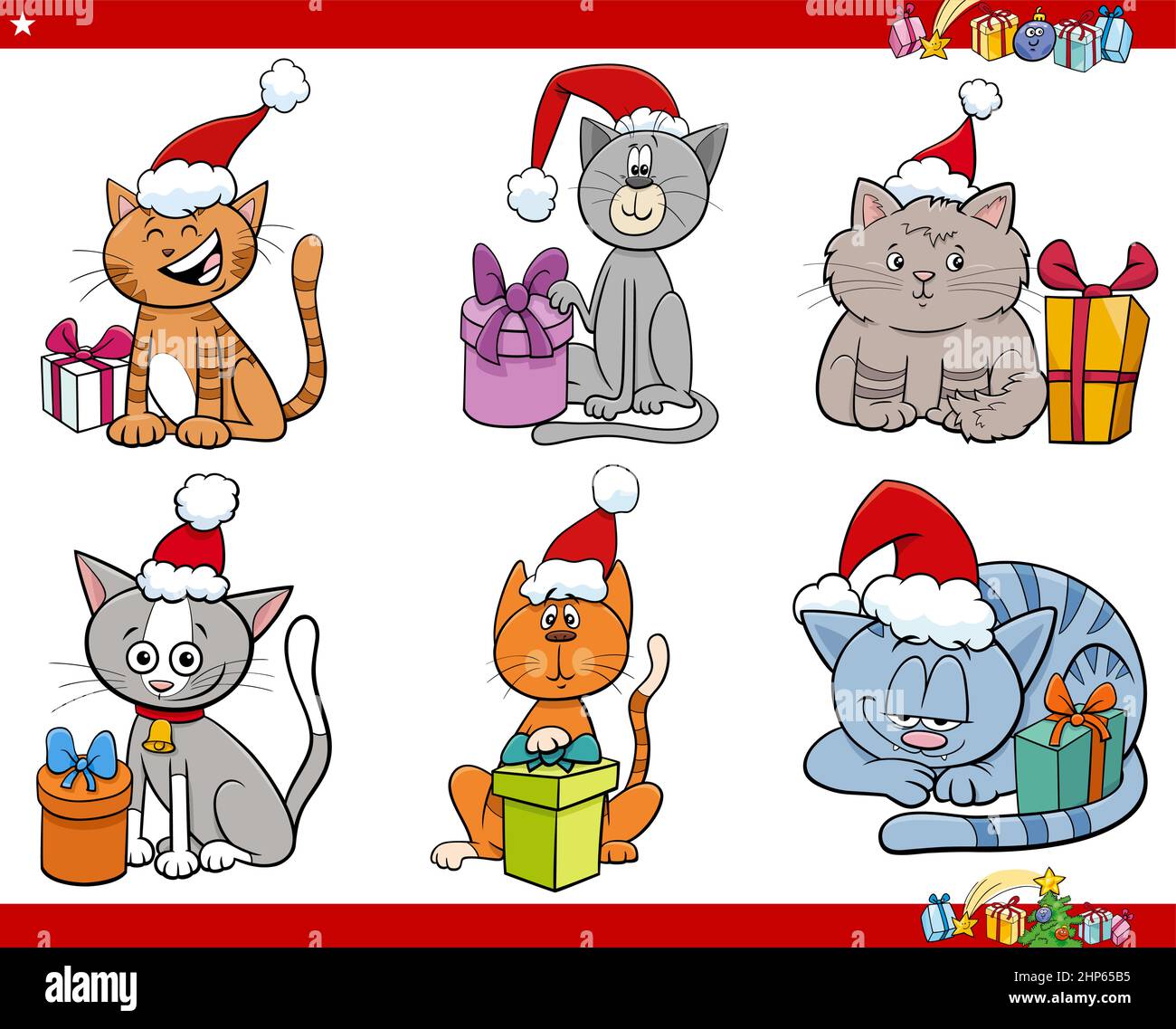 Cartoon-Katzen mit Geschenken auf Weihnachtszeit eingestellt Stock Vektor