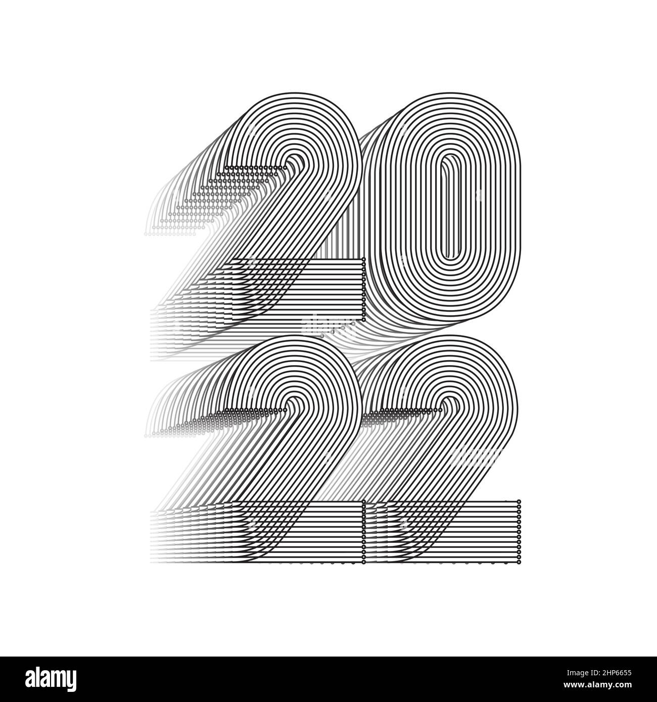 2022 Frohes neues Jahr. Abstrakte geometrische Cover Design Hintergrund. 3D dimensionale 2022 Zahlen in dünnen Linien gestreift Stil Vektor-Illustration. Banner, Etikett, Flyer, Poster. Schwarz weiß isoliert Stock Vektor