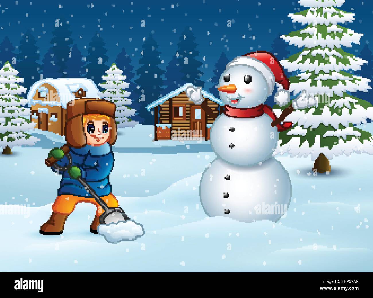 Cartoon Junge spielt einen Schnee auf Winter Hintergrund Stock Vektor