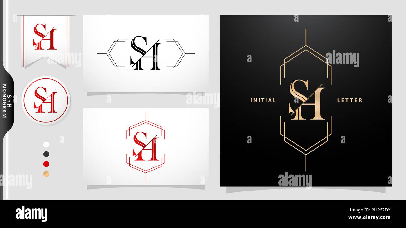 SH Initial Letter and Graphic Name, SH Monogram, for Wedding Paarty Monogram, Logo company and Icon Business, with black and white colors, golds colors and Red colors gradient. Stock Vektor