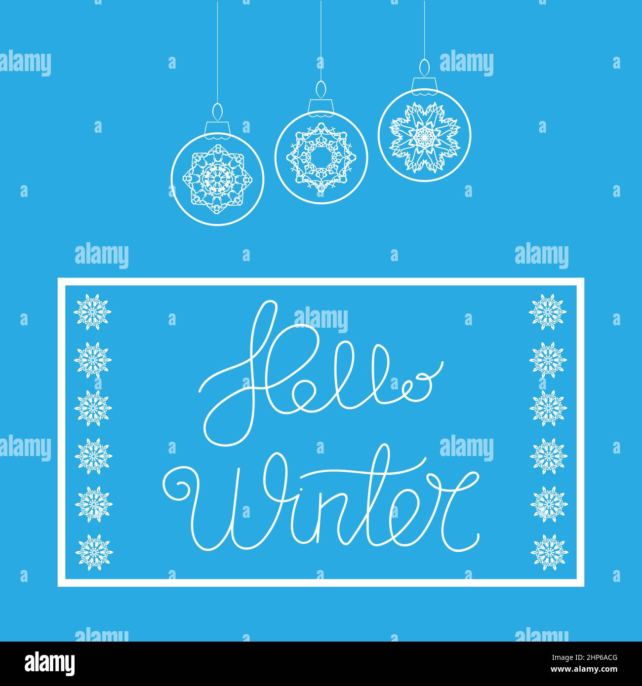 Hallo Winter, Typografisches Poster. Handgezeichnete Phrase. Schriftzug auf Snowflake Sky Hintergrund. Stock Vektor