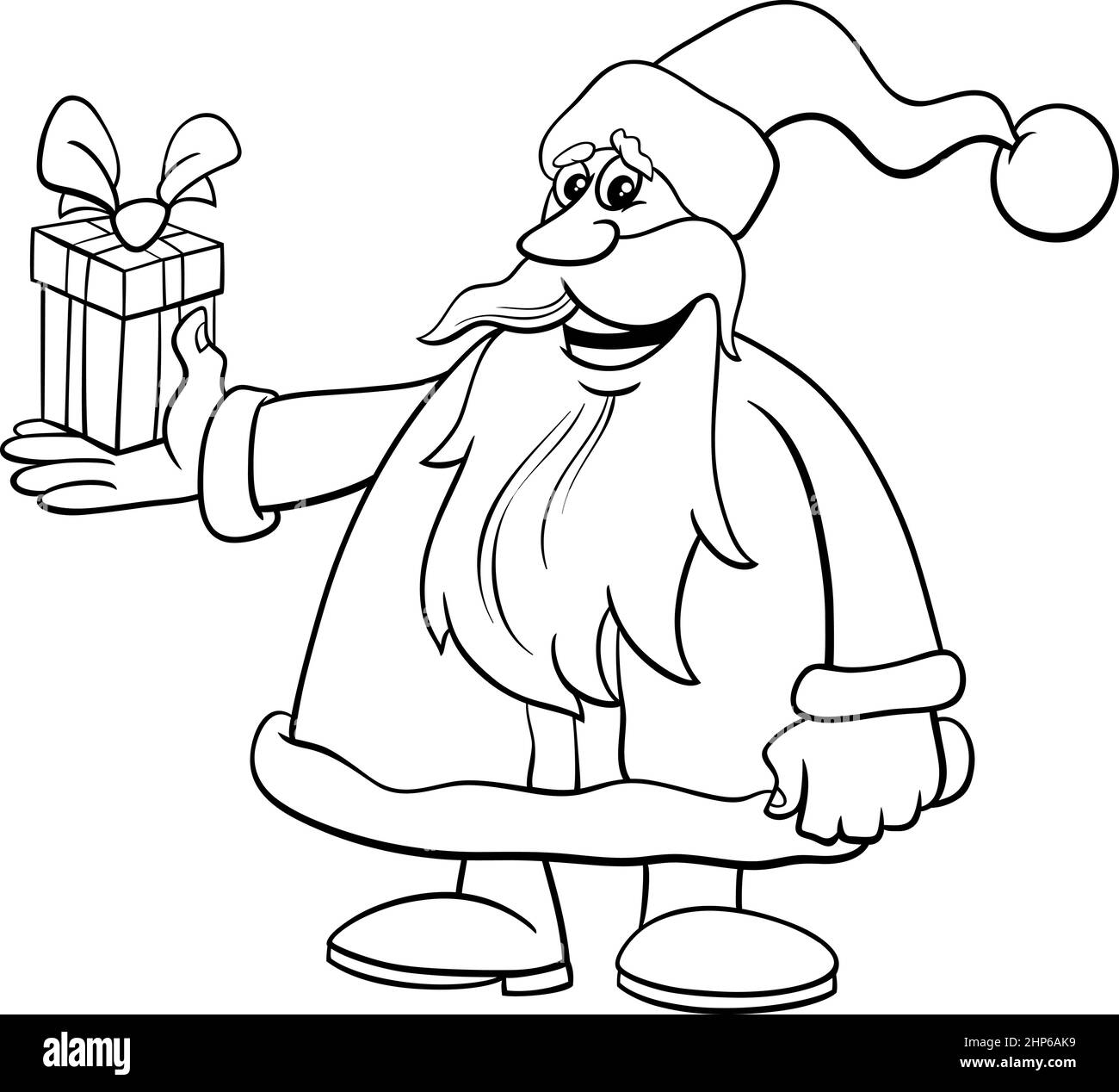 Cartoon Weihnachtsmann Charakter mit Geschenk Malbuch Seite Stock Vektor