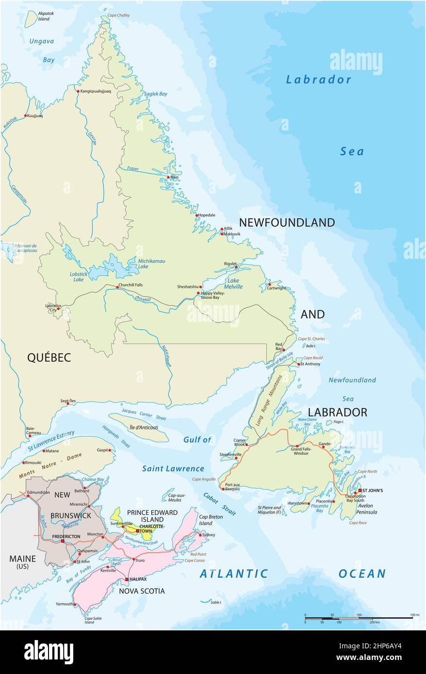 Vektor-Straßenkarte der vier kanadischen atlantischen Provinzen Stock Vektor