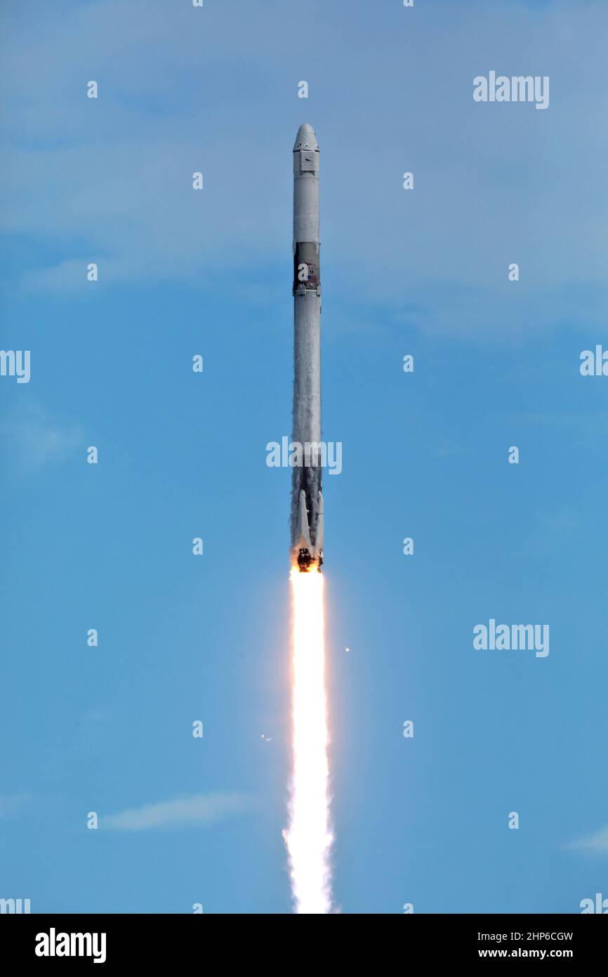 Um 4:30:00 Uhr EST hebt eine SpaceX Falcon 9-Rakete vom Space Launch Complex 40 auf der Cape Canaveral Air Force Station in Florida ab, die das Raumschiff SpaceX Dragon Nachschub trägt. Auf seiner Mission zur kommerziellen Nachversorgung 14th wird Dragon Lieferungen, Ausrüstung und neue wissenschaftliche Experimente für die Technologieforschung an die Raumstation liefern. Stockfoto