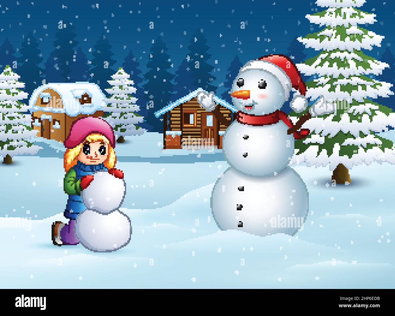 Ein Mädchen, das Schneemann im Winter und in der verschneiten Landschaft macht Stock Vektor