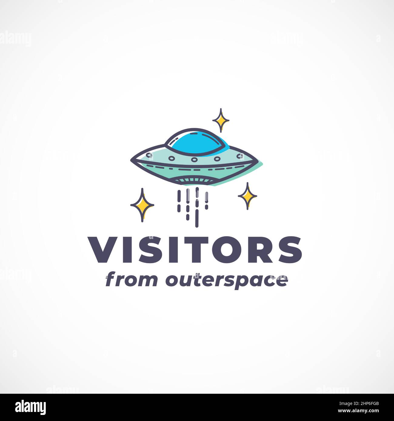 Alien Visitors Abstract Vector Sign, Symbol, Logo Template. Skizzieren Sie UFO Silhouette mit moderner Typografie. Science Fiction Fantastisches Charakteremblem Stock Vektor