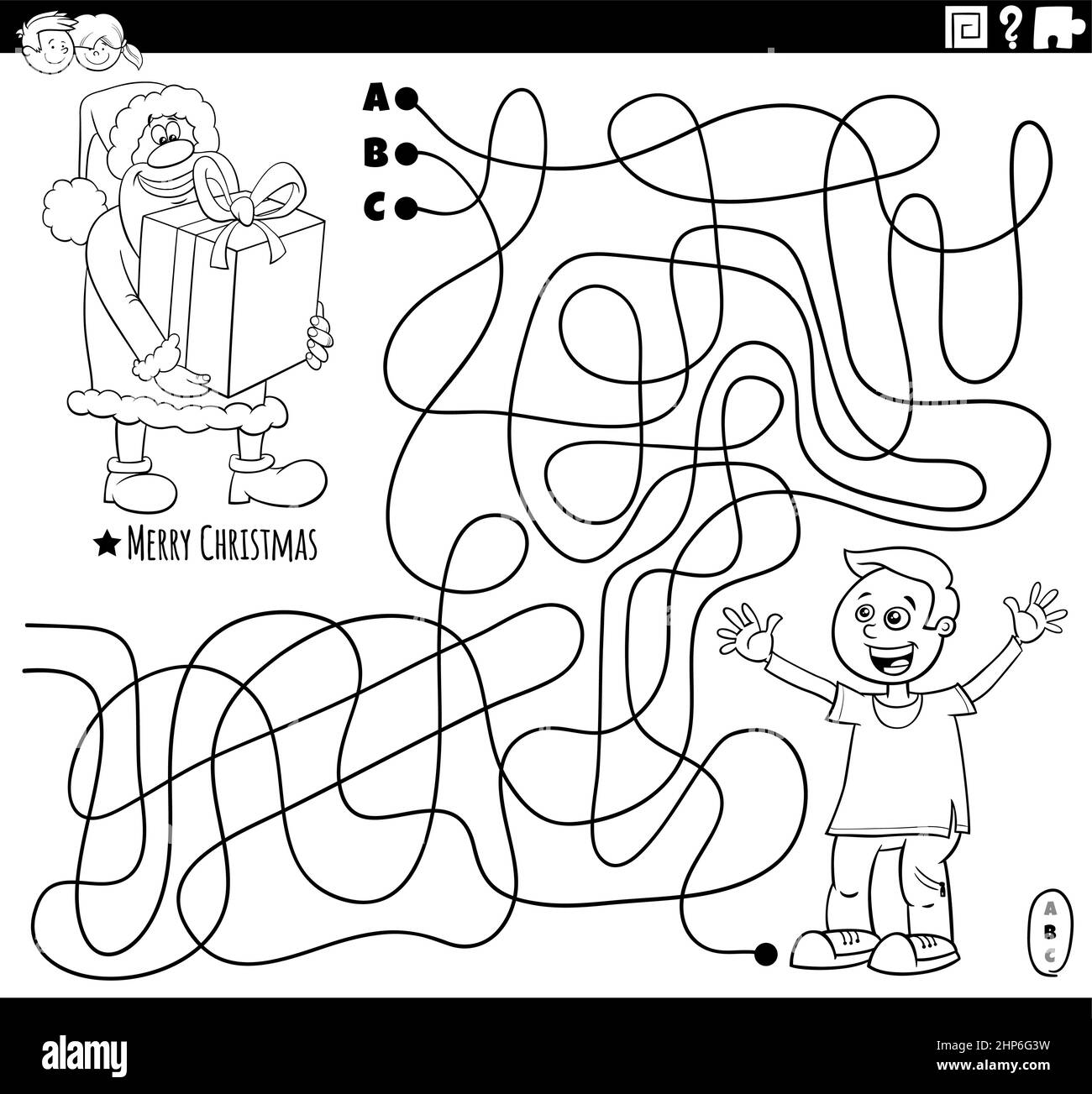 Maze mit Weihnachtsmann mit Geschenk und Junge Malbuch Seite Stock Vektor
