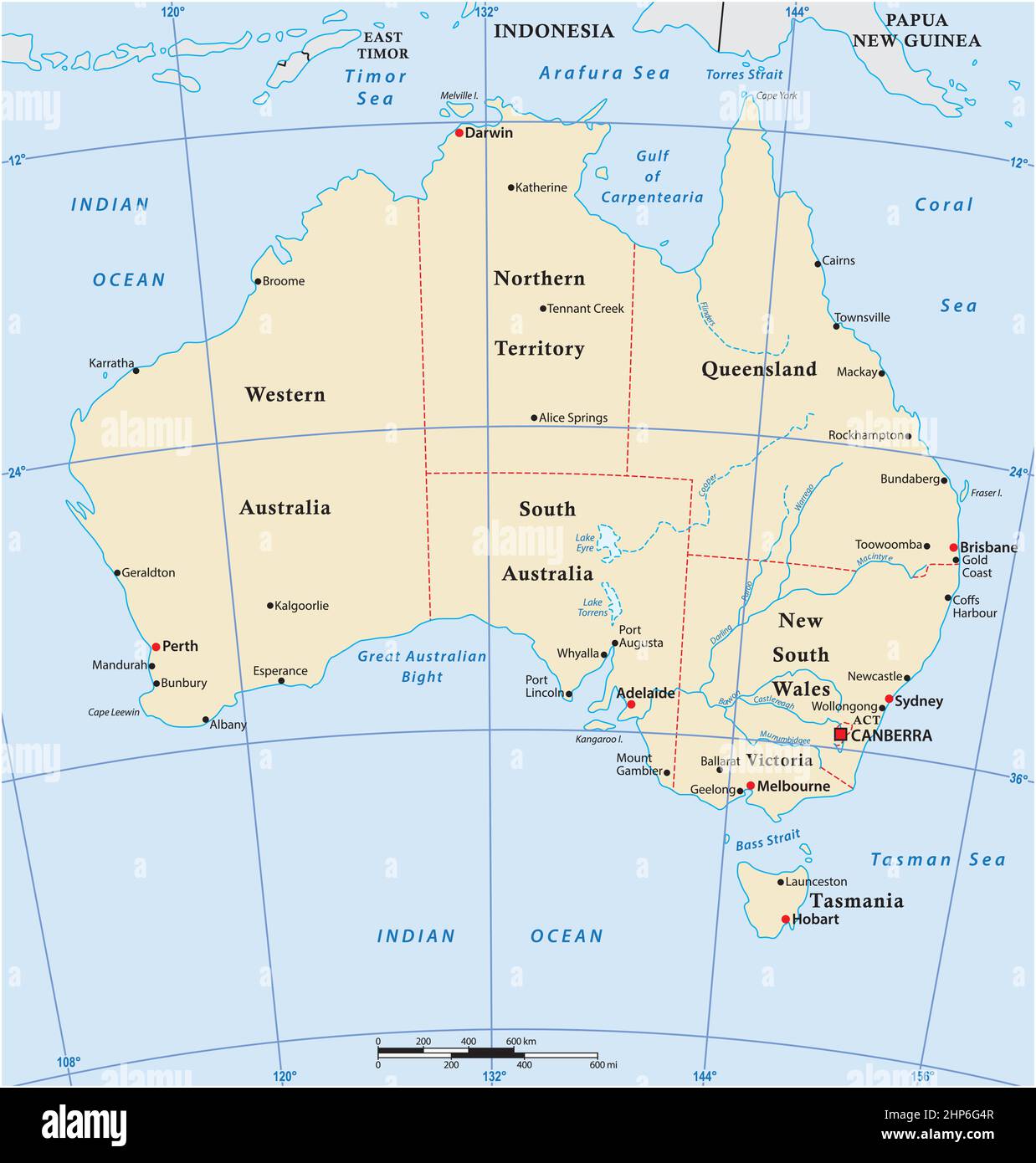 vektorkarte des australischen Kontinents mit den wichtigsten Städten Stock Vektor