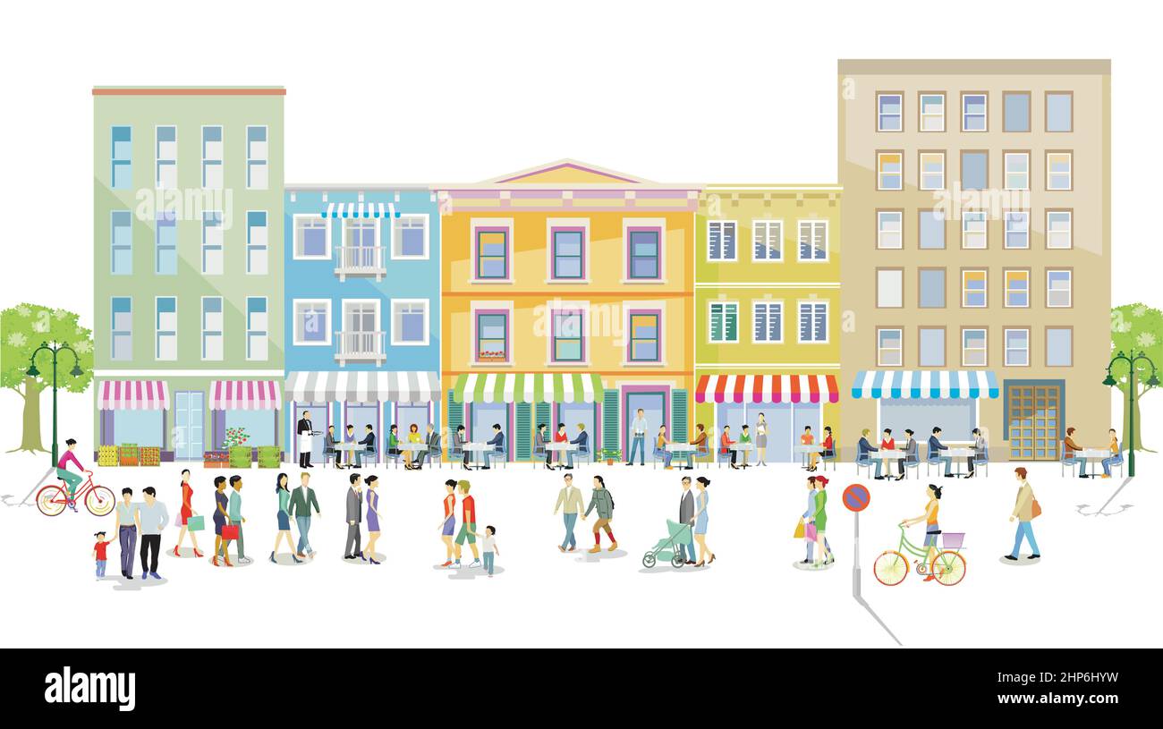 Stadtleben, mit Restaurants Fußgänger und Familien in der Freizeit, Illustration Stock Vektor