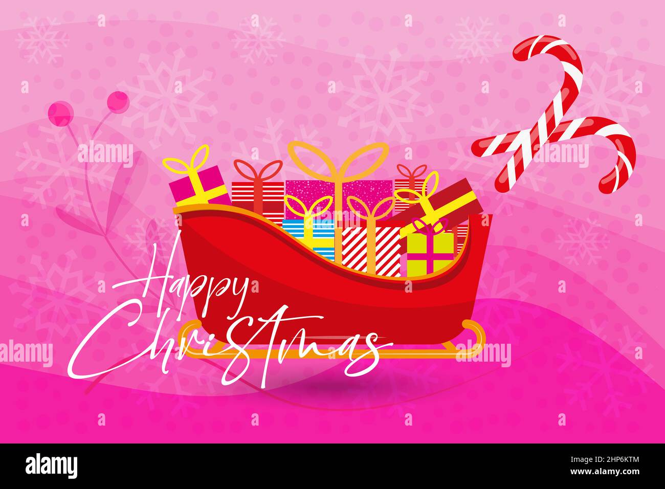 Frohe Weihnachten - handgeschriebene Schriftzüge mit Weihnachtsschlitten und Stapel von Geschenken auf einem festlichen modernen Vektor-EPS-Design für Karten, Poster, Banner, Etiketten usw. Stock Vektor