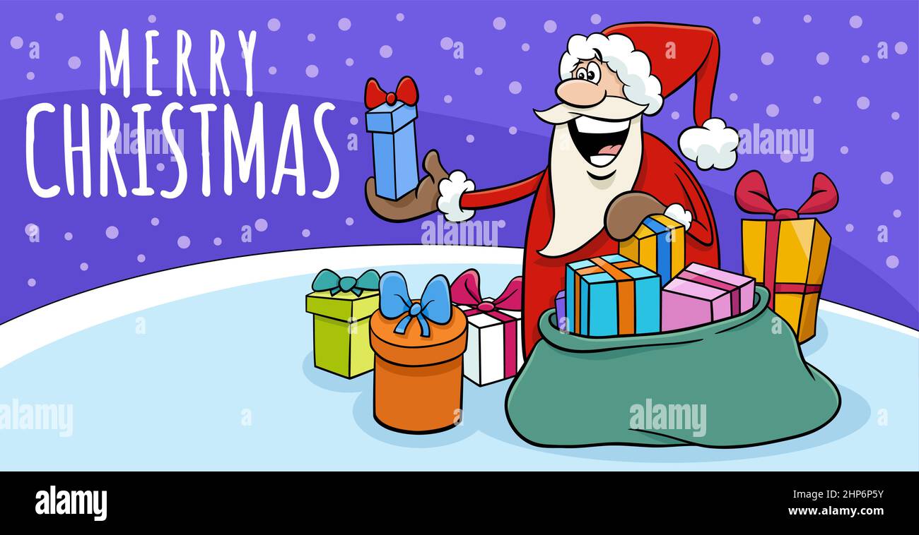 Grußkarte mit Weihnachtsmann, der zur Weihnachtszeit Geschenke gibt Stock Vektor