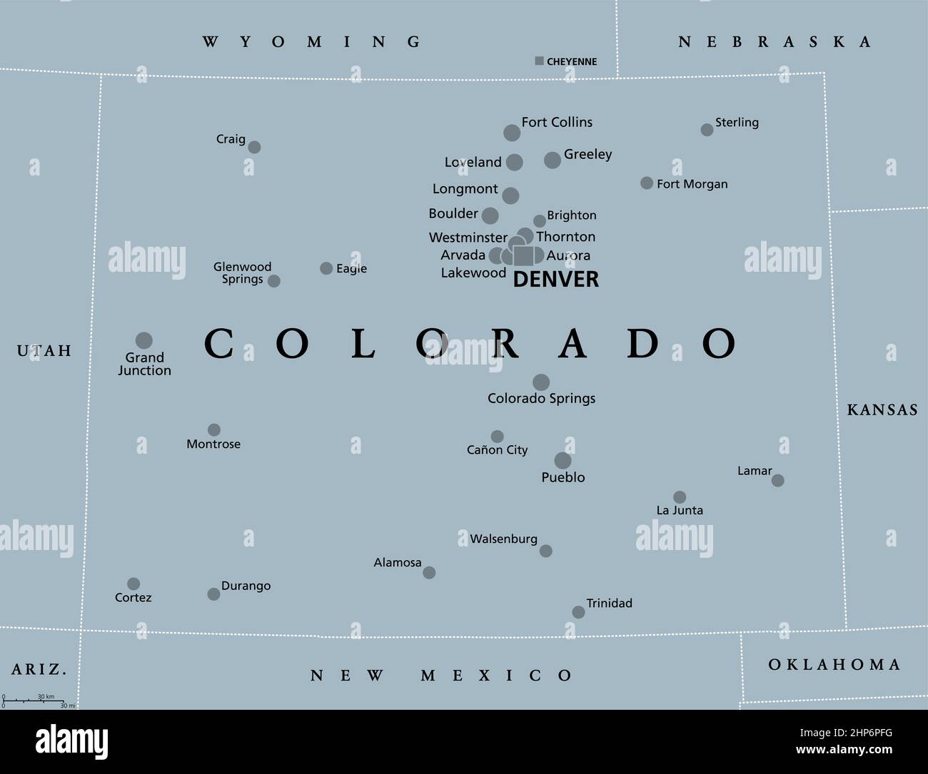 Colorado, CO, graue politische Landkarte, US-Bundesstaat, der Centennial State Stock Vektor