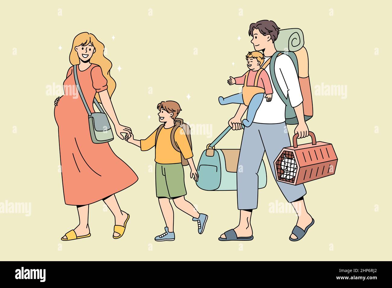 Familie mit Kindern, die für den Sommerurlaub bereit sind Stock Vektor