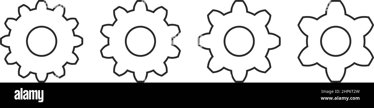 Zahnrad-Vektor-Umriss-Symbol in Schwarz auf isoliertem weißem Hintergrund. Stock Vektor