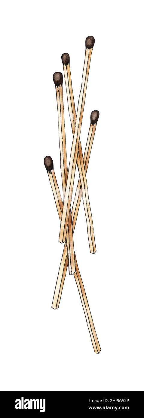 Aquarell-Illustration eines Stapels verstreuter Kaminspiele. Hol dir die Flamme. Zünden Sie das Feuer an. Verbrannter Holzstab. Handgezeichnete Kritzeleien. Isoliert auf w Stockfoto
