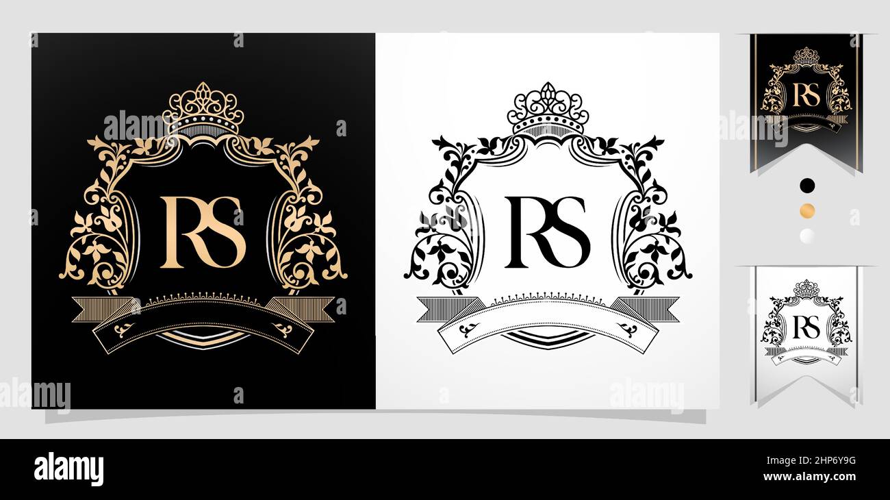 Königliches RS- oder SR-Emblem mit Krone, Anfangsbuchstaben und grafischen Namensrahmen Rand von Blumenmustern mit zwei verschiedenen Farben, RS- oder SR-Monogramm, für Insignien, Anfangsbuchstabenrahmen, Name des Ehepaares Stock Vektor