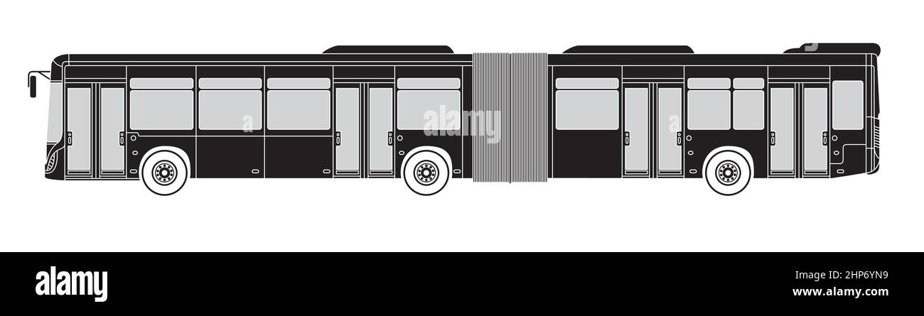 Seitenansicht eines artikulierten Stadtbusses mit vier Türen, Silhouette Stock Vektor