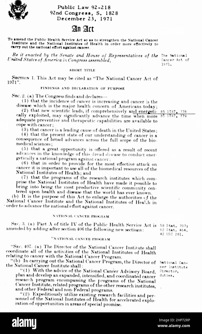 National Cancer Act von 1971Description Dieses Gesetz, das am 23. Dezember 1971 unterzeichnet wurde, änderte das Public Health Service Act. Es stärkte das Nationale Krebsinstitut und die Nationalen Gesundheitsinstitute, damit sie die nationalen Anstrengungen gegen Krebs effektiver durchführen konnten. Dezember 1971 Stockfoto