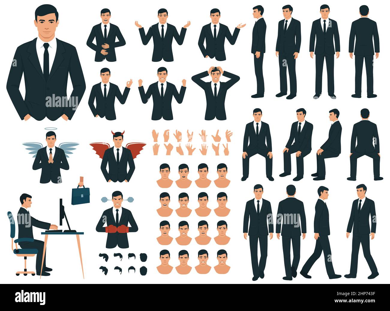 Vector Geschäftsmann Charakter Casual Posen in flachem Stil gesetzt. Volle Länge, Gesten, Emotionen, Vorderseite, Seite, Rückansicht. Stock Vektor