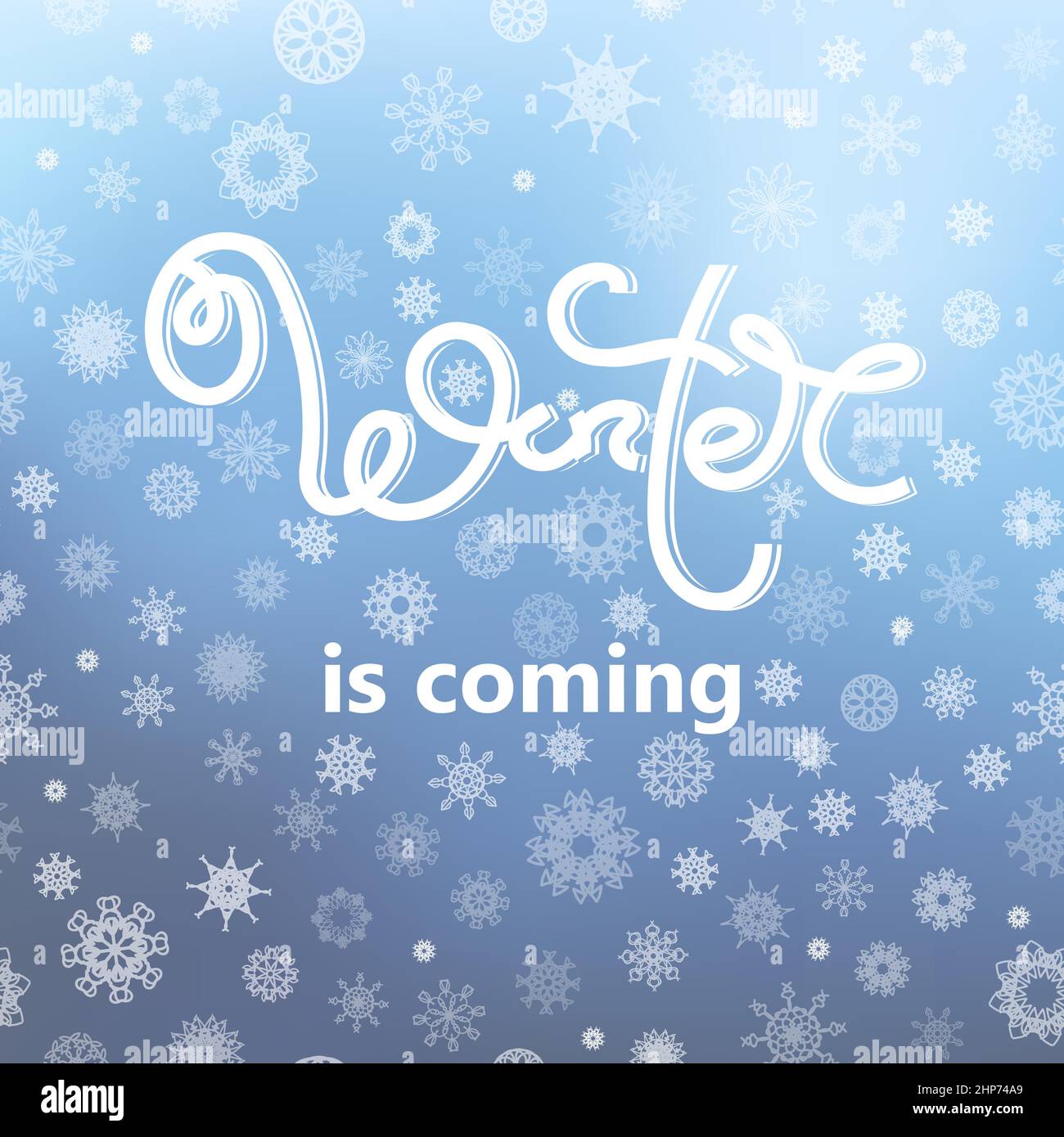 Der Winter kommt Typografisches Poster. Handgezeichnete Phrase. Schriftzug auf Snowflake Sky Hintergrund. Stock Vektor