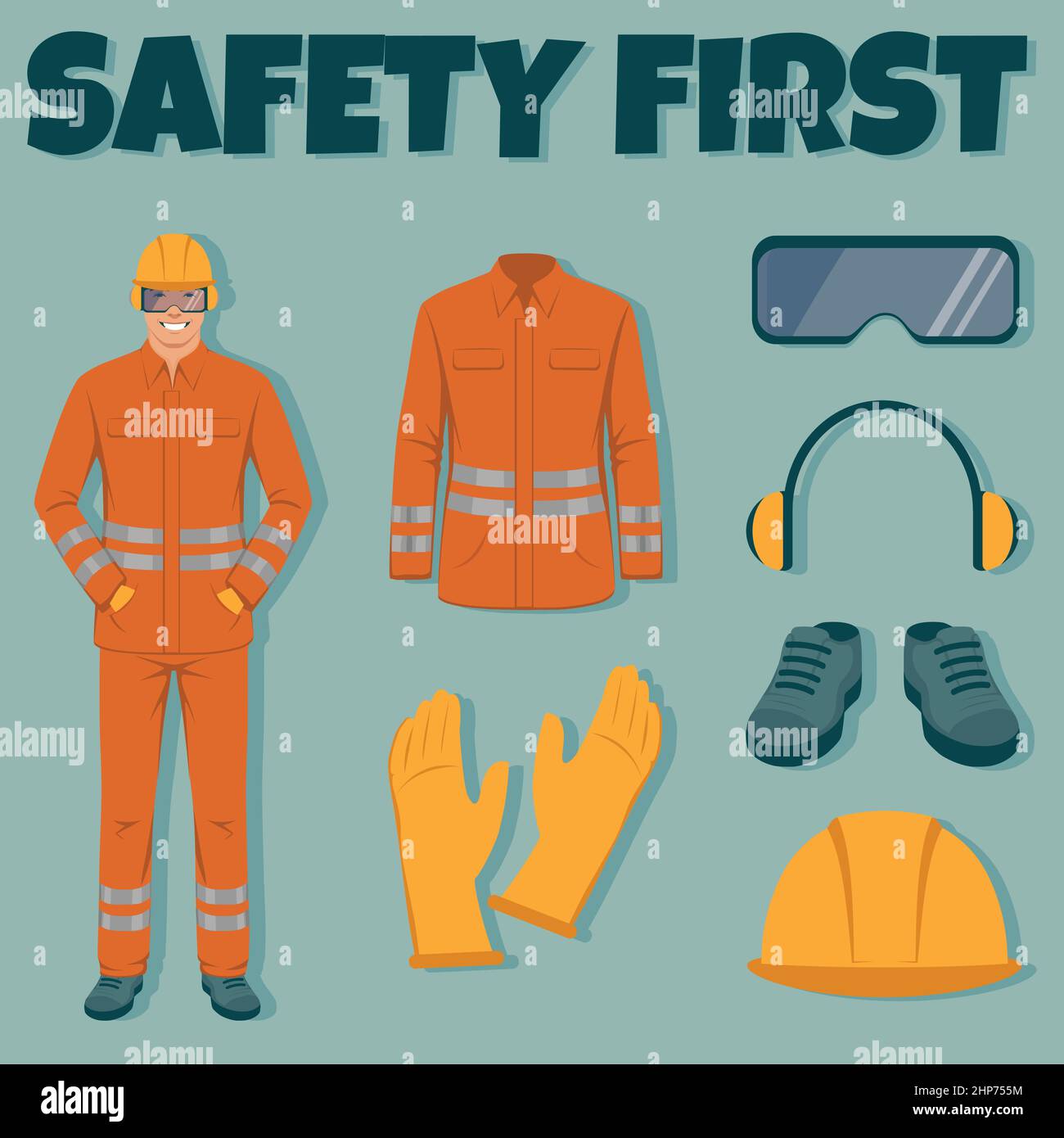 Arbeitsschutzausrüstung. Ingenieur trägt Helm, Handschuhe, Schutzbrille, Kleidung und Stiefel. Vektor-Infografik Stock Vektor