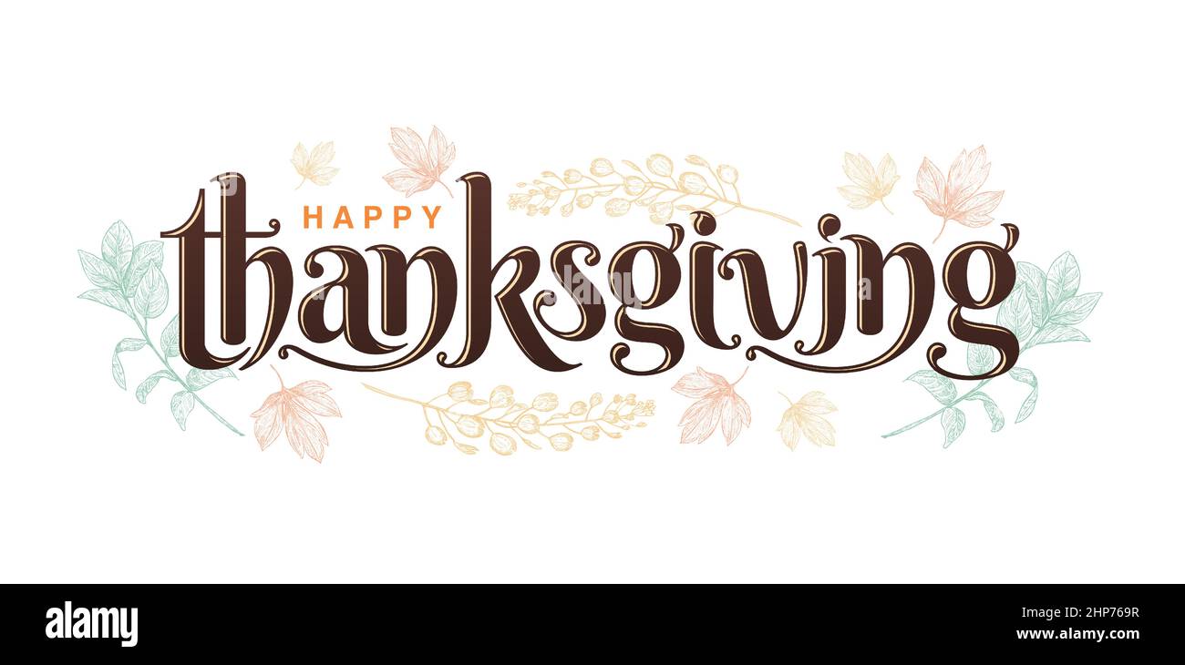 Happy THANKSGIVING Lettering Fonts mit isolierten weißen Hintergründen, Happy Thanksgiving Illustration mit Blumenmuster, für Grußkarten, Einladungen, Schilder und Banner. Stock Vektor