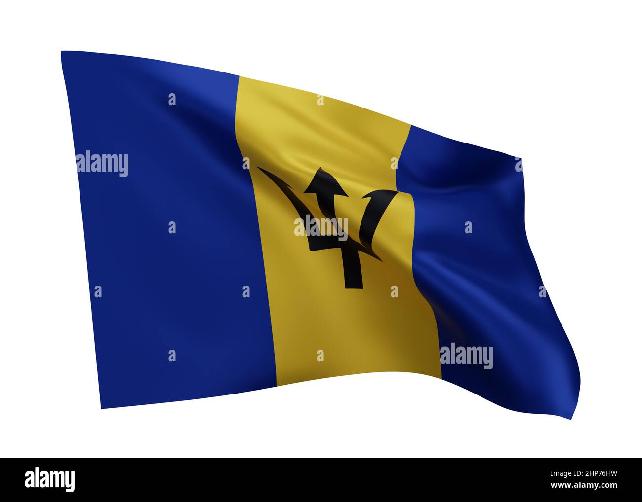 3D Illustration Flagge von Barbados. Barbados hochauflösende Flagge vor weißem Hintergrund isoliert. 3D Rendern Stockfoto
