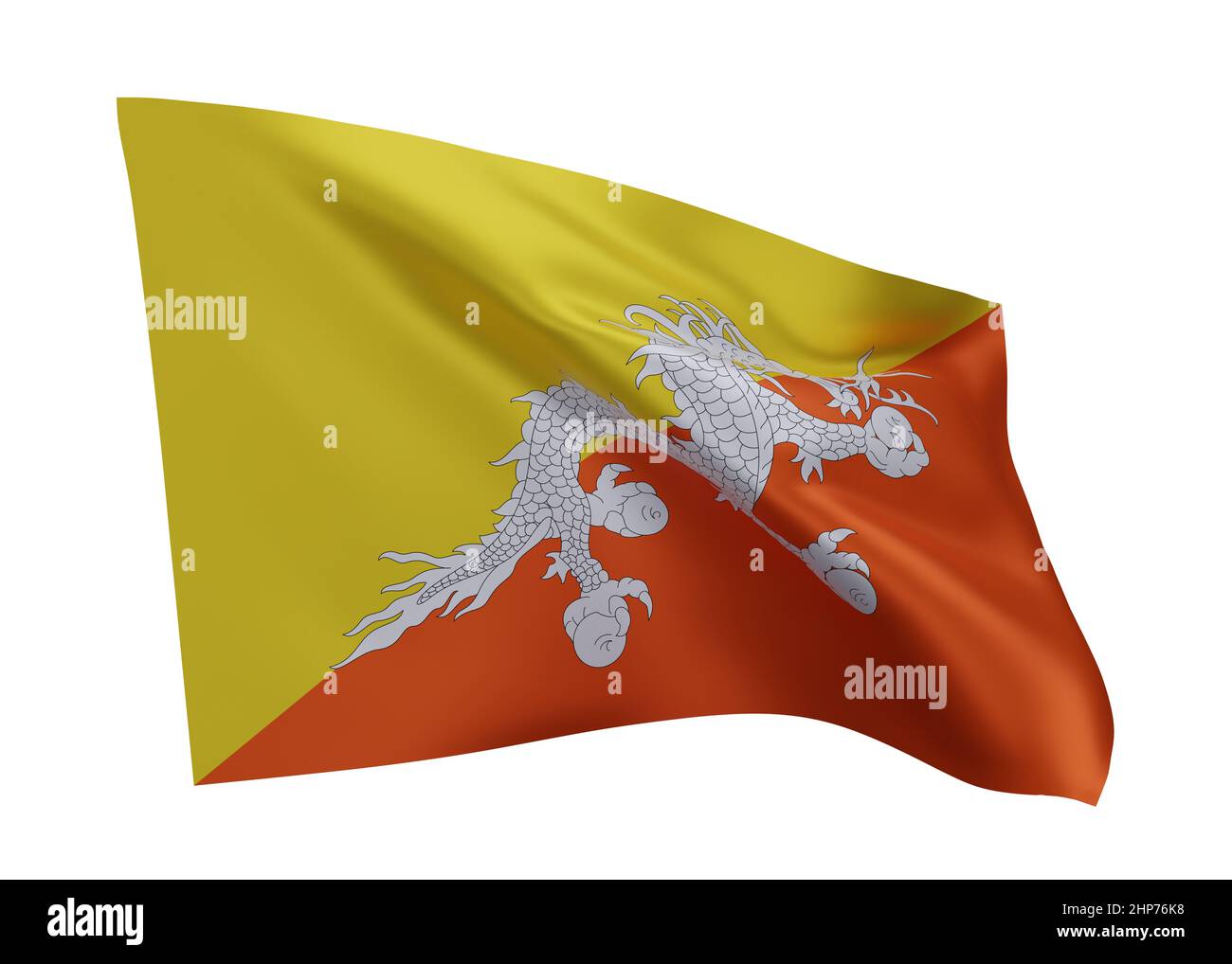 3D Illustration Flagge von Bhutan. Bhutanische Flagge mit hoher Auflösung, isoliert vor weißem Hintergrund. 3D Rendern Stockfoto