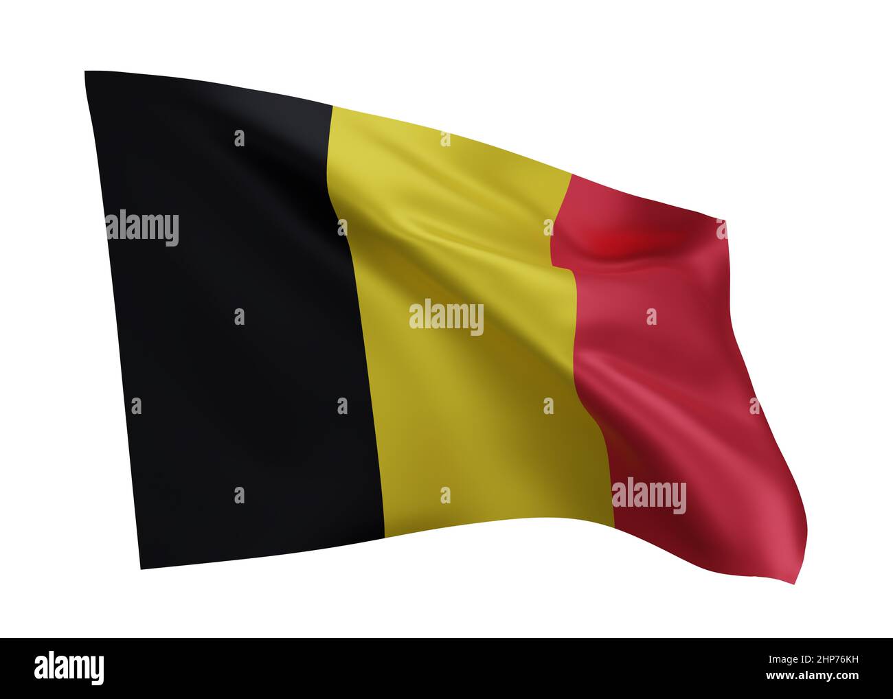 3D Illustration Flagge von Belgien. Belgische hochauflösende Flagge vor weißem Hintergrund isoliert. 3D Rendern Stockfoto