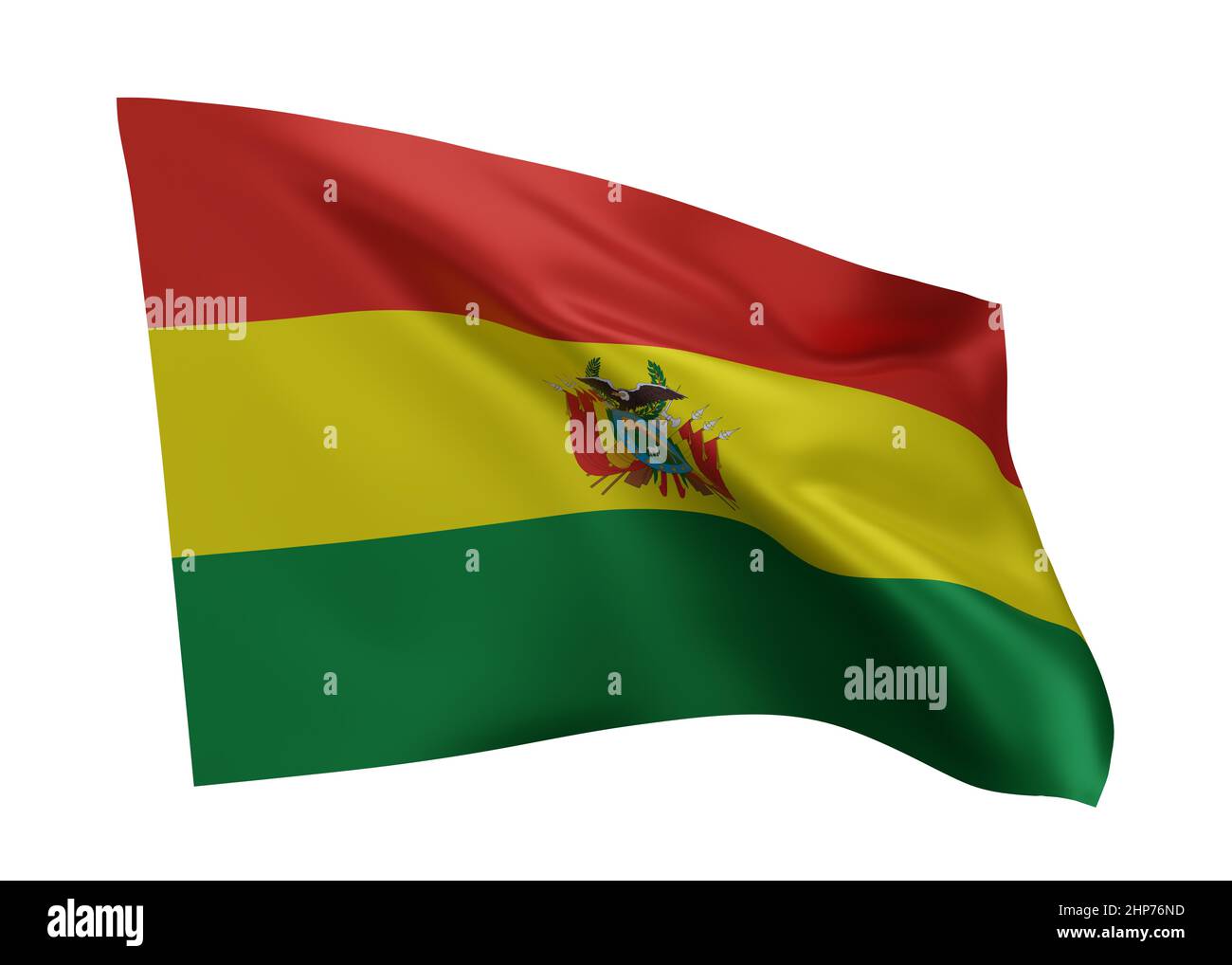 3D Illustration Flagge Boliviens. Bolivianische hochauflösende Flagge vor weißem Hintergrund isoliert. 3D Rendern Stockfoto