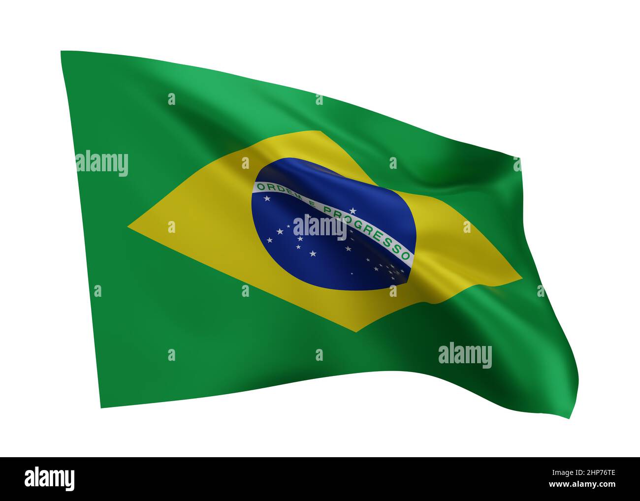 3D Illustration Flagge von Brasilien. Brasilianische hochauflösende Flagge vor weißem Hintergrund isoliert. 3D Rendern Stockfoto