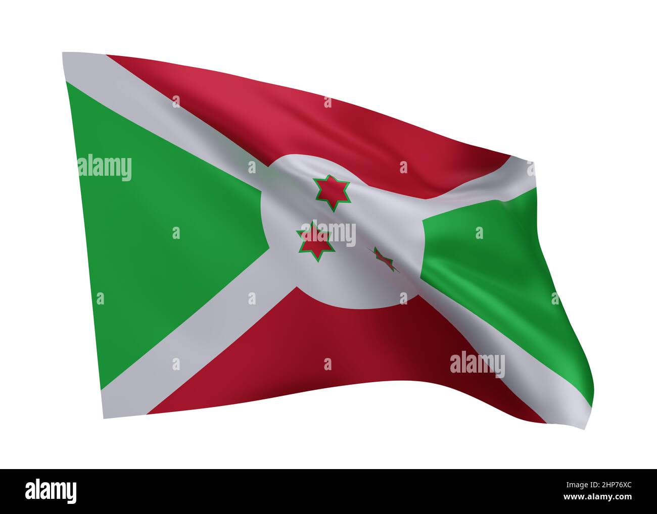3D Illustration Flagge von Burundi. Burundian-Flagge mit hoher Auflösung, isoliert vor weißem Hintergrund. 3D Rendern Stockfoto